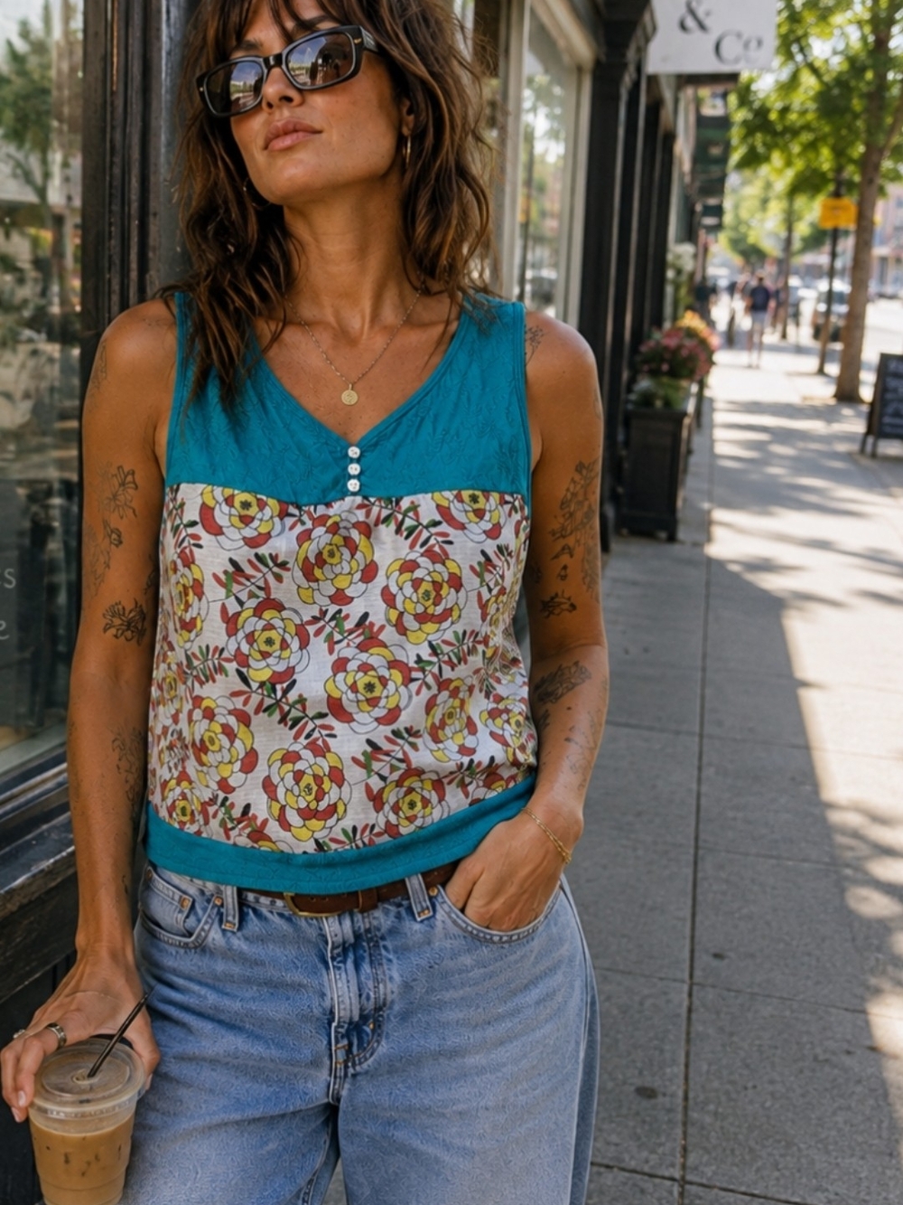Vintage Cotton Teal Floral Patchwork Sleeveless Tank Top
